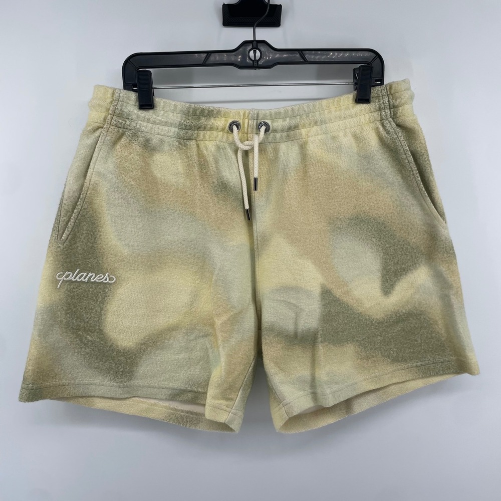 Paper Planes Shorts Mens L Green Beige Tie Dye Fleece Terry Cloth Streetwear